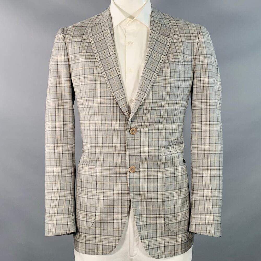 ISAIA Size 44 Long Grey Taupe Plaid Wool Notch Lapel Sport Coat